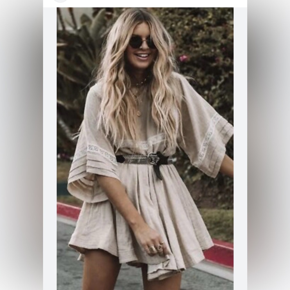 Spell Tan Mini Dress with Cream Details